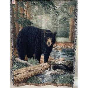 Black Bear Woven Tapestry Throw Blanket with Fringe Wall Hanging 51 in. x 68 in.